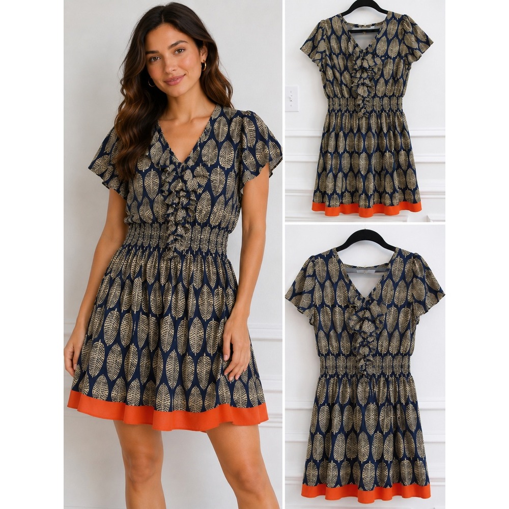 Under‎ Skies Anthropologie Leaf Print Ruffle Dress Navy Orange Smocked Small